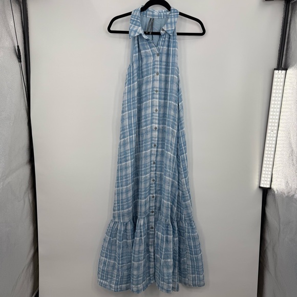 By Anthropologie Sleeveless Button Down Shirt Dress Blue Plaid Maxi Tiered XS - Picture 8 of 14